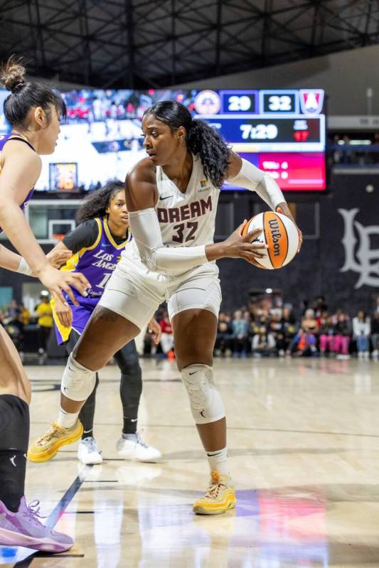 Atlanta Dream forward Cheyenne Parker-Tyus drives to the basket against the Los Angeles Sparks ...
