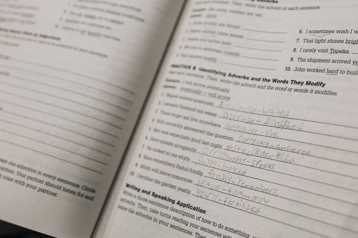 A grammar book is seen Saturday, April 12, 2025, in Las Vegas. (Madeline Carter/Las Vegas Revie ...