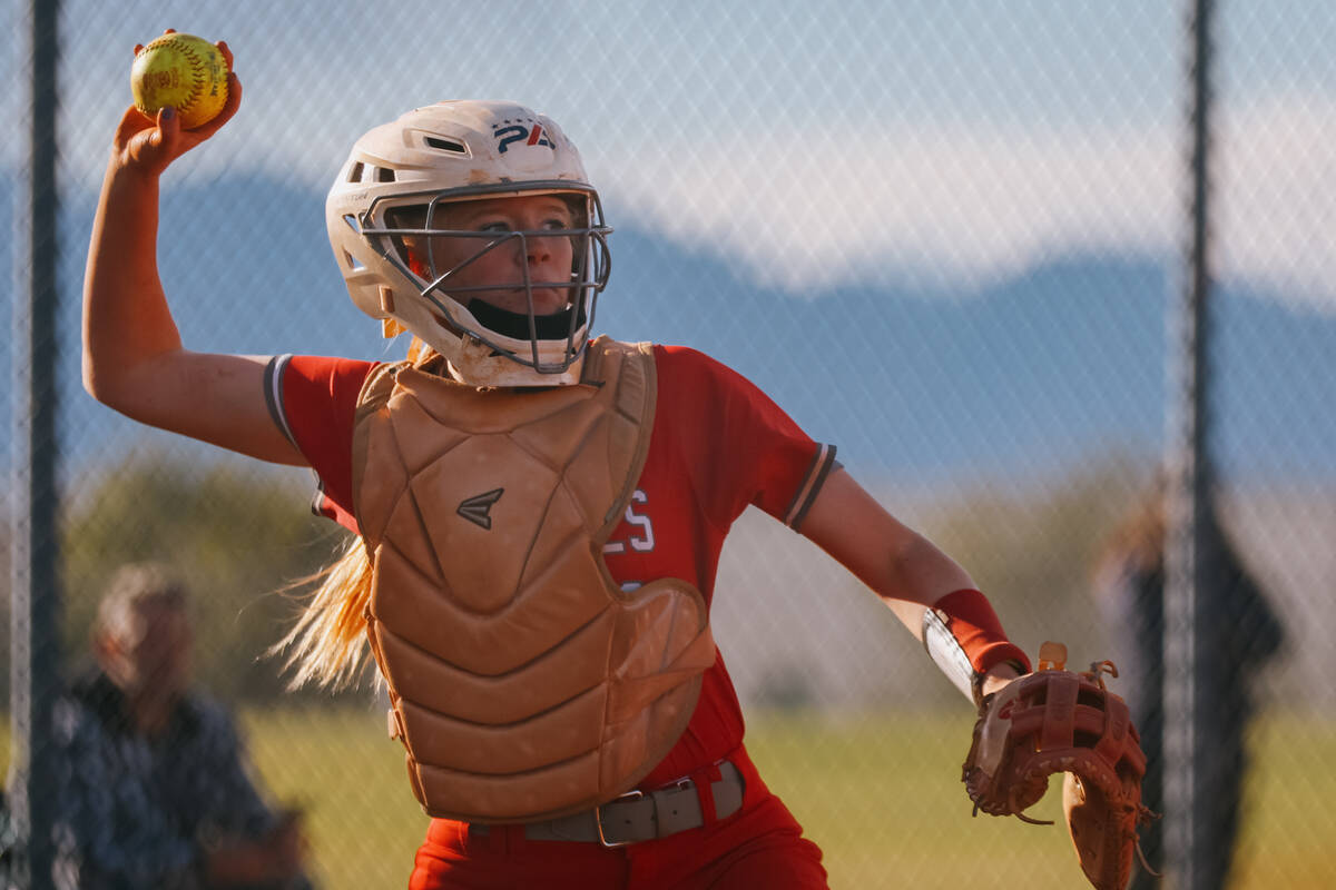 Arbor View catcher Kelsie Phares (39) looks to toss the ball back to the pitcher during the sof ...