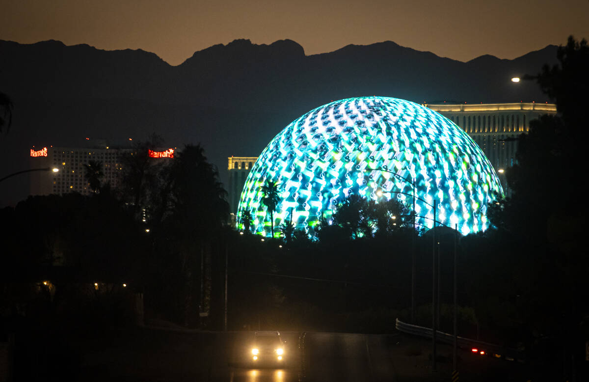 A view of the Sphere and some of the Las Vegas Strip skyline on Monday, March 3, 2025, in Las V ...