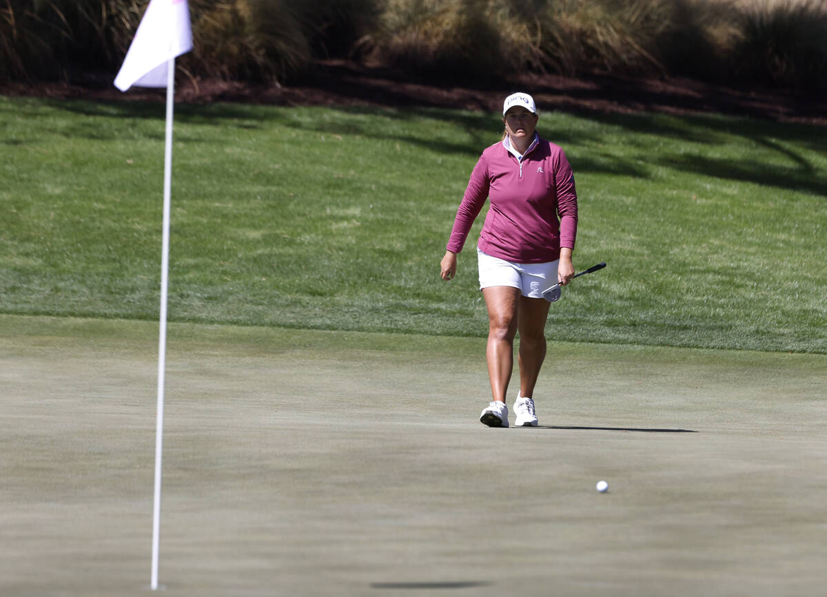 Lauren Coughlin of the USA follows her missed putt at the second hole during the third round of ...