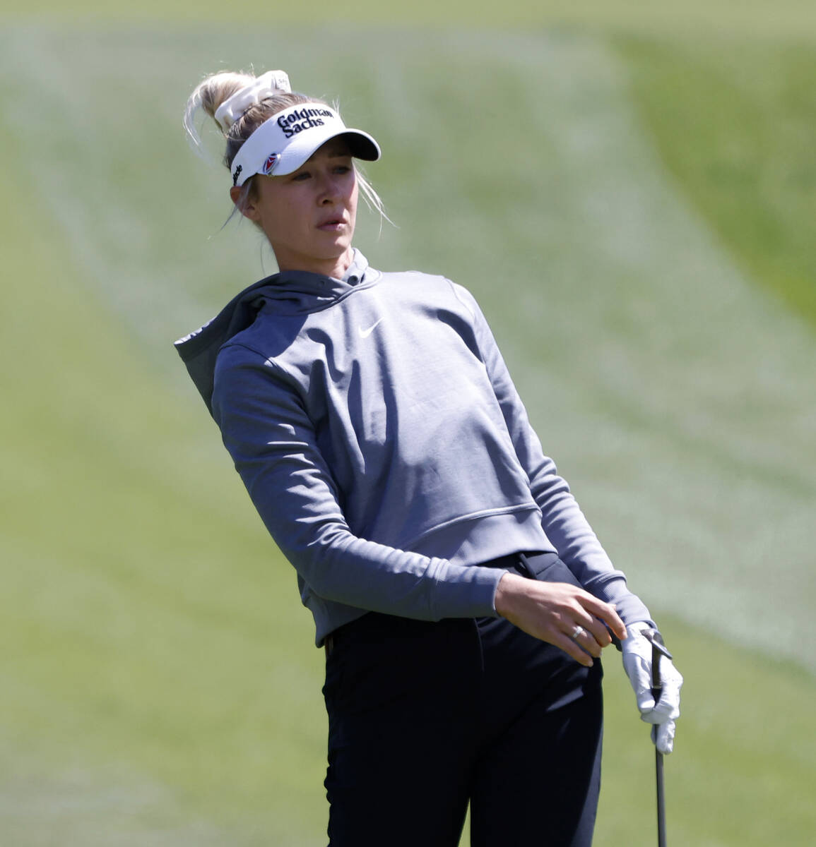 Nelly Korda of the USA reacts as she watches her fairway shot during the third round of the LPG ...