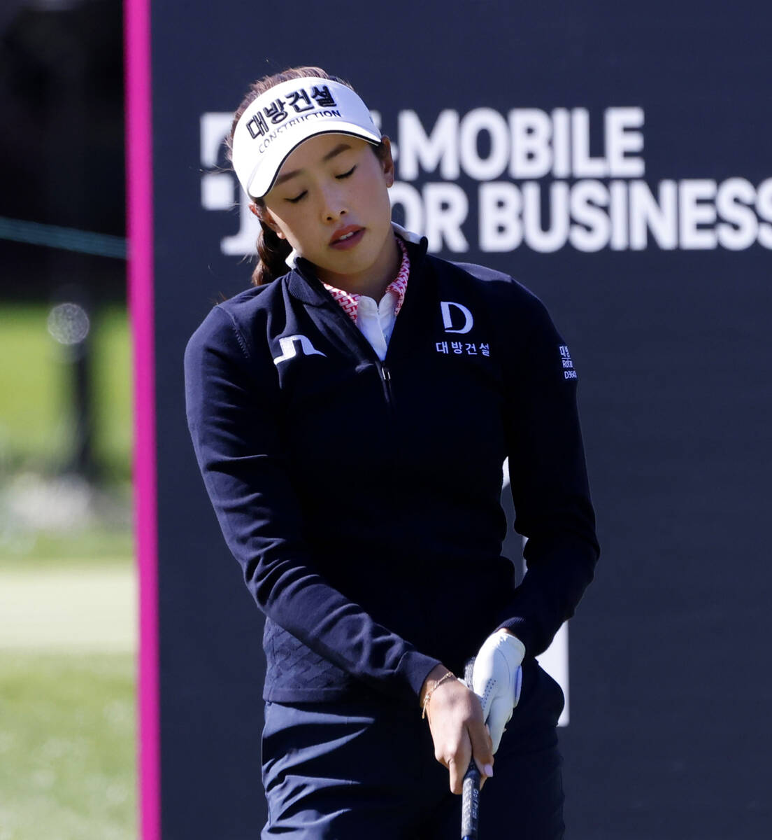 Yealimi Noh of the USA reacts after hitting her tee drive during the third round of the LPGA T- ...