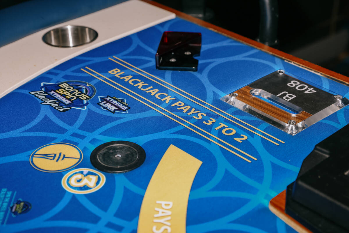 A blackjack table notes the new payout ratio on Friday, April 4, 2025 at The Strat in Las Vegas ...