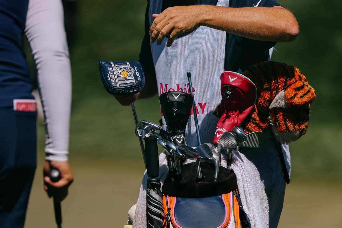 Angel Yin’s golf bag holds her clubs while she faces off against Jeeno Thitikul at the s ...
