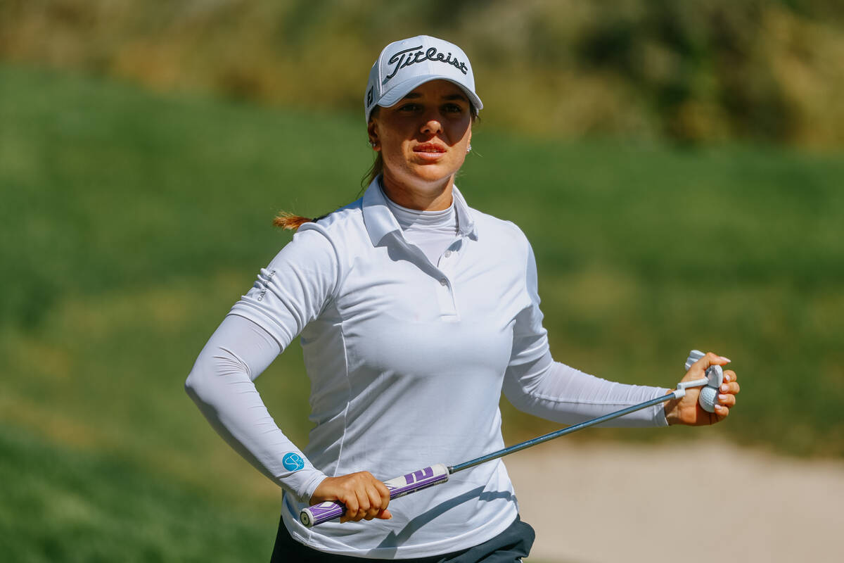 Stephanie Kyriacou of Australia walks across the green after completing the ninth hole during h ...