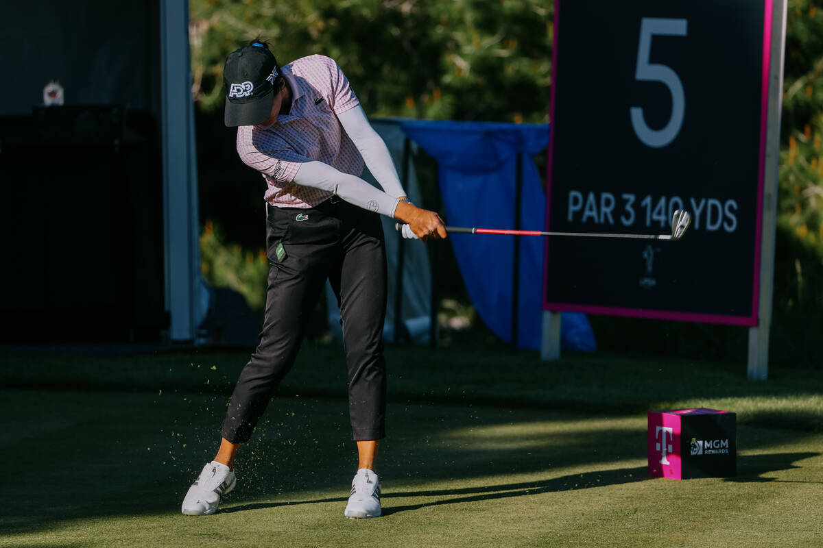 Celine Boutier of France tees off at the fifth hole during her quarterfinal match against Madel ...
