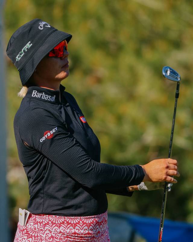Madelene Sagstrom of Sweden watches where her tee off lands at the fifth hole during her quarte ...