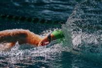 Palo Verde Max Carlsen competes in the 500-yard freestyle during the swim meet on Saturday, Apr ...