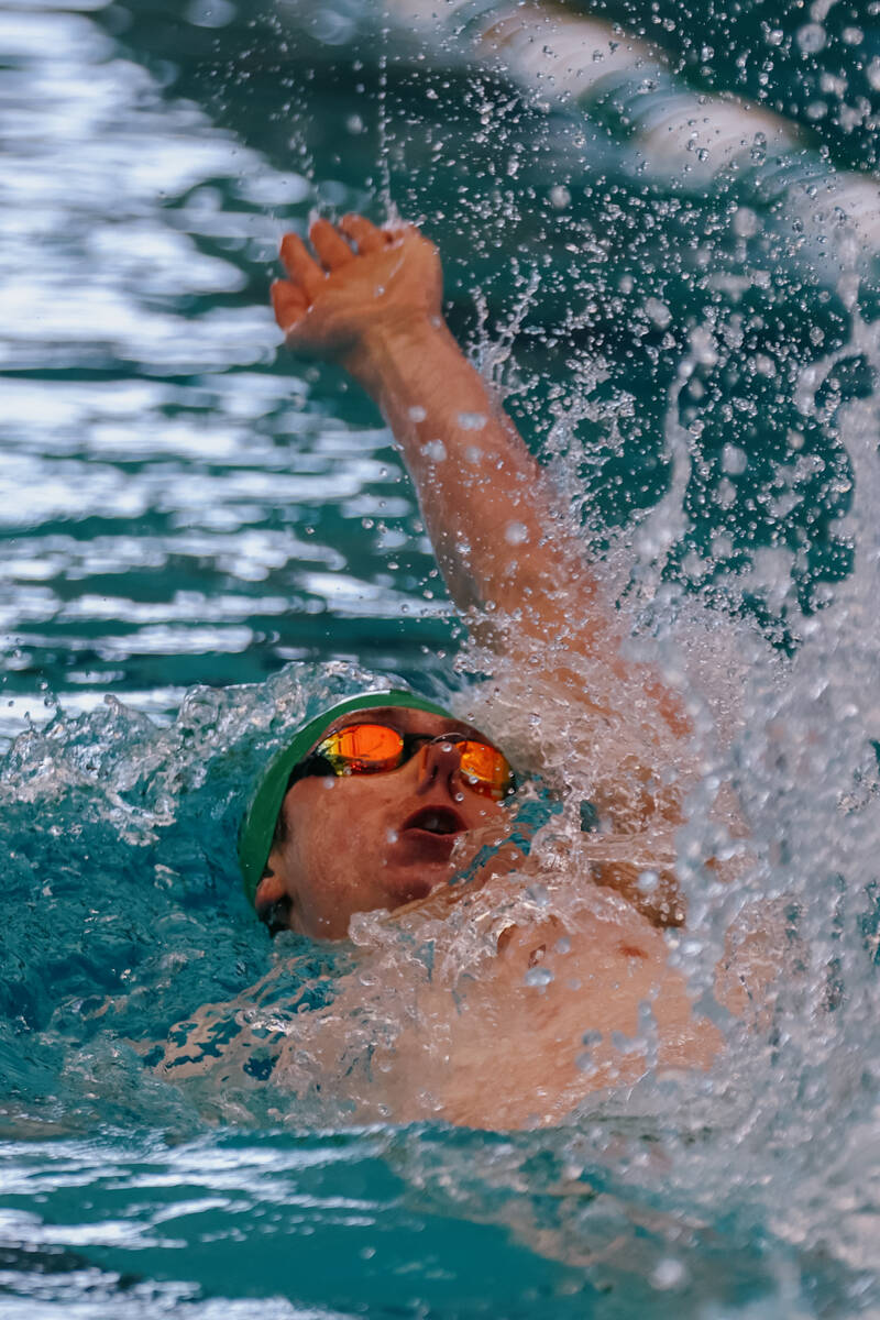 Palo Verde junior Owen Robertson competes in the 100-yard backstroke during the swim meet on Sa ...