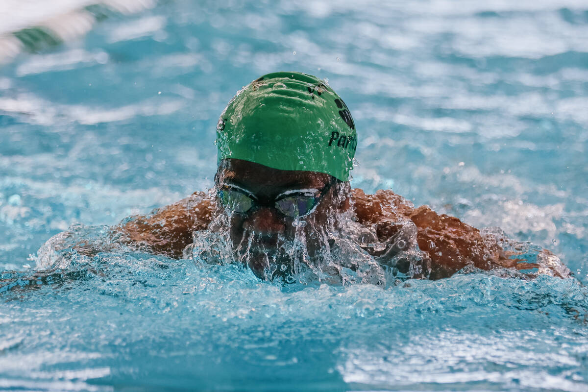 Palo Verda junior Joshua Evans competes in the 100-yard breaststroke during the swim meet on Sa ...