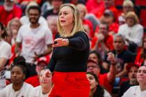 Lady Rebels head coach Lindy La Rocque coaches from the sidelines during a second round WBIT wo ...