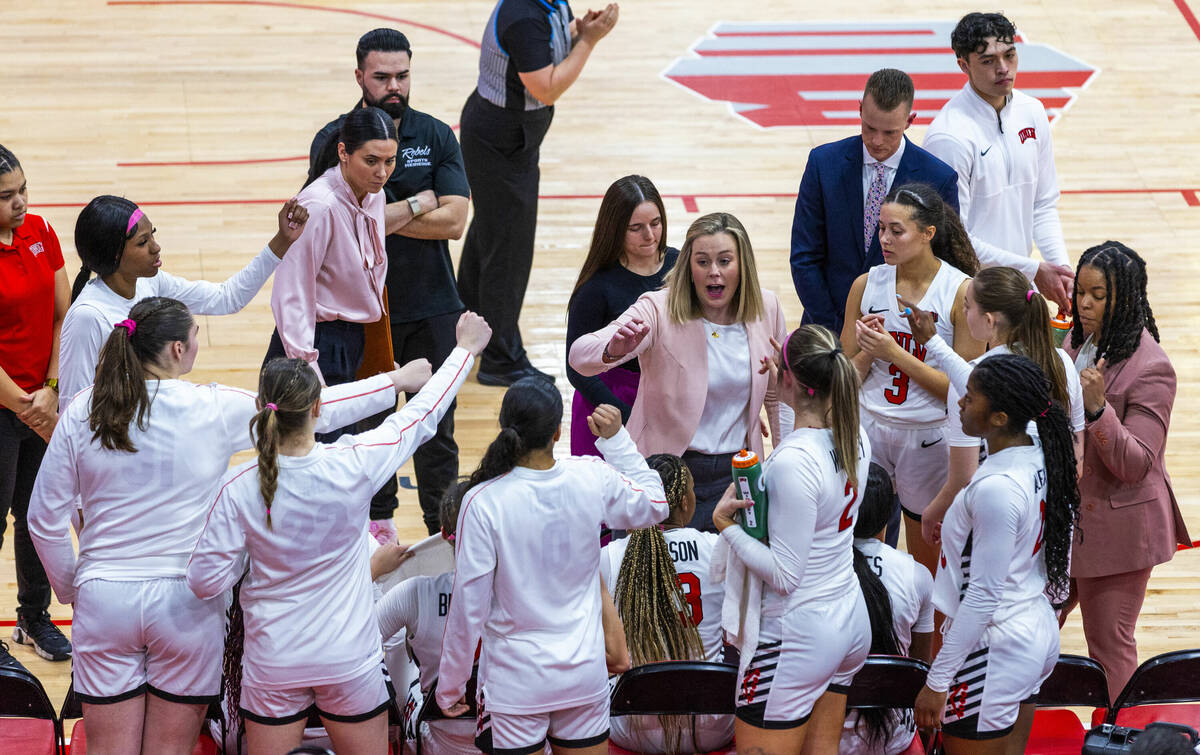 UNLV head coach Lindy La Rocque continues to instruct her players ask they leave a timeout agai ...