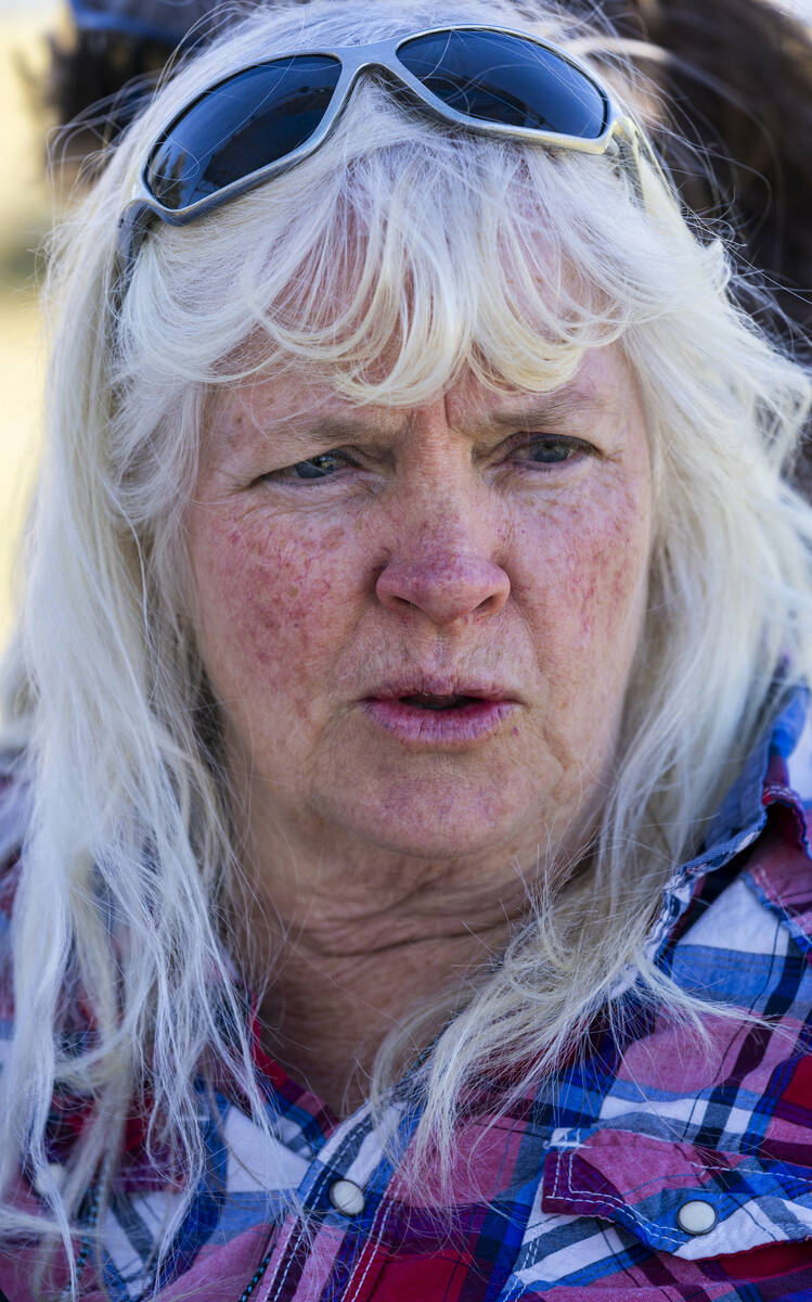 Shawna Cox talks about the U.S. Constitution and related ideas at the Bundy Ranch on Saturday, ...