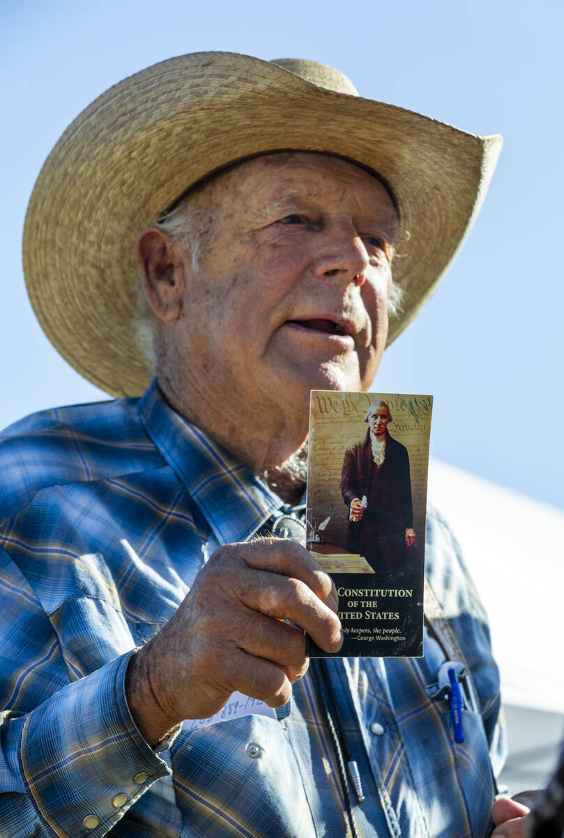 Cliven Bundy talks about U.S. Constitution during a cowboy camp meal gathering at the Bundy Ran ...