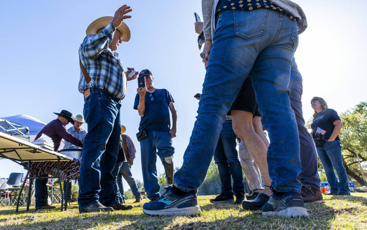 Cliven Bundy talks about U.S. Constitution during a cowboy camp meal gathering at the Bundy Ran ...