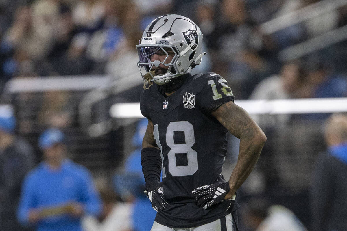 Raiders cornerback Jack Jones (18) looks on after a play during the second half of an NFL game ...