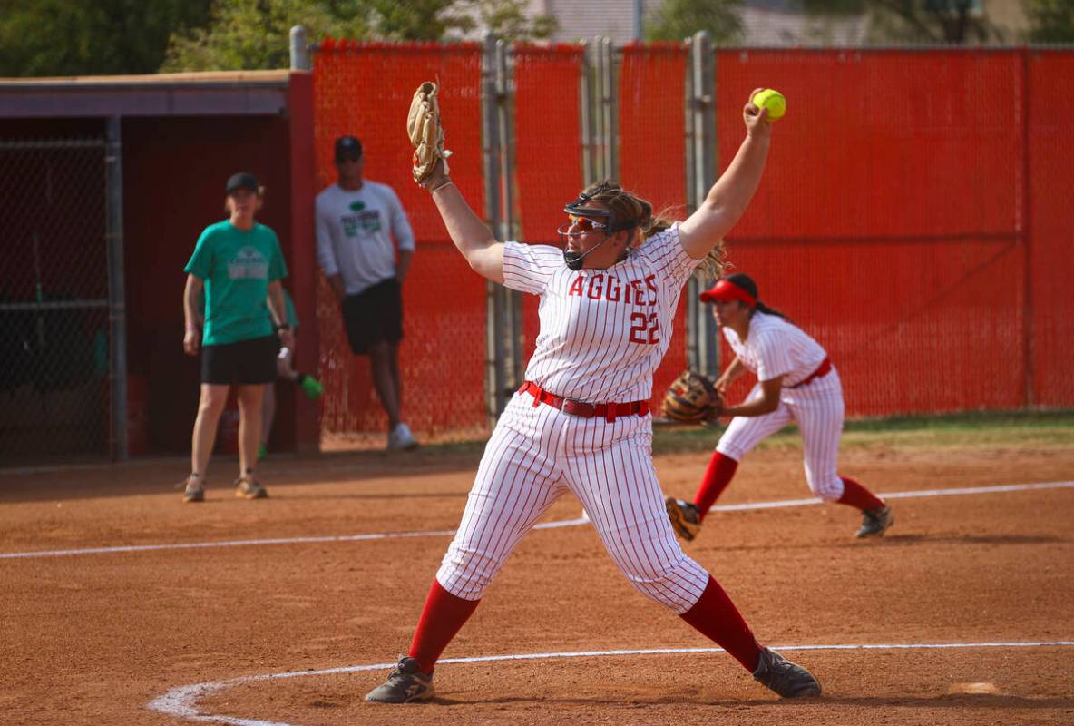 Arbor View's Audrey Melton (22) pitches to Palo Verde during a softball game at Arbor View High ...