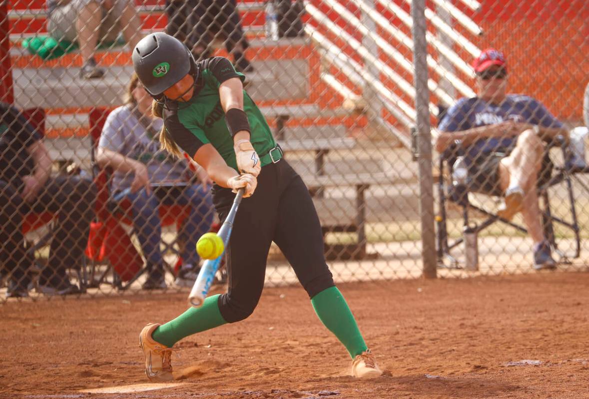 Palo Verde's Taylor Johns hits the ball during a softball game at Arbor View High School on Mon ...