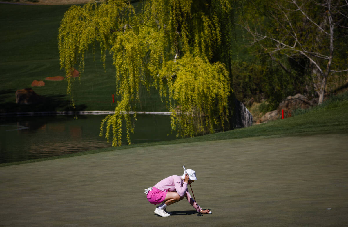 Madelene Sagstrom lines up a putt on the fourth green during the championship match of the LPGA ...