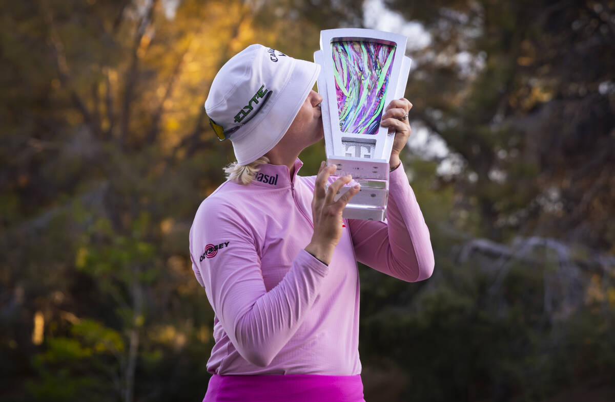 Madelene Sagstrom kisses the trophy after winning the championship match of the LPGA T-Mobile M ...