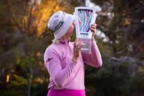 Madelene Sagstrom kisses the trophy after winning the championship match of the LPGA T-Mobile M ...
