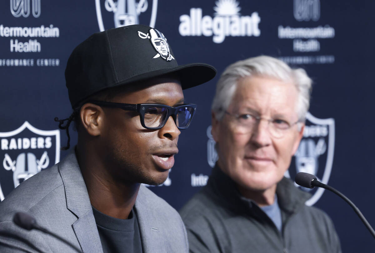 Geno Smith speaks after being introduced to a media as new Raiders quarterback as head coach Pe ...
