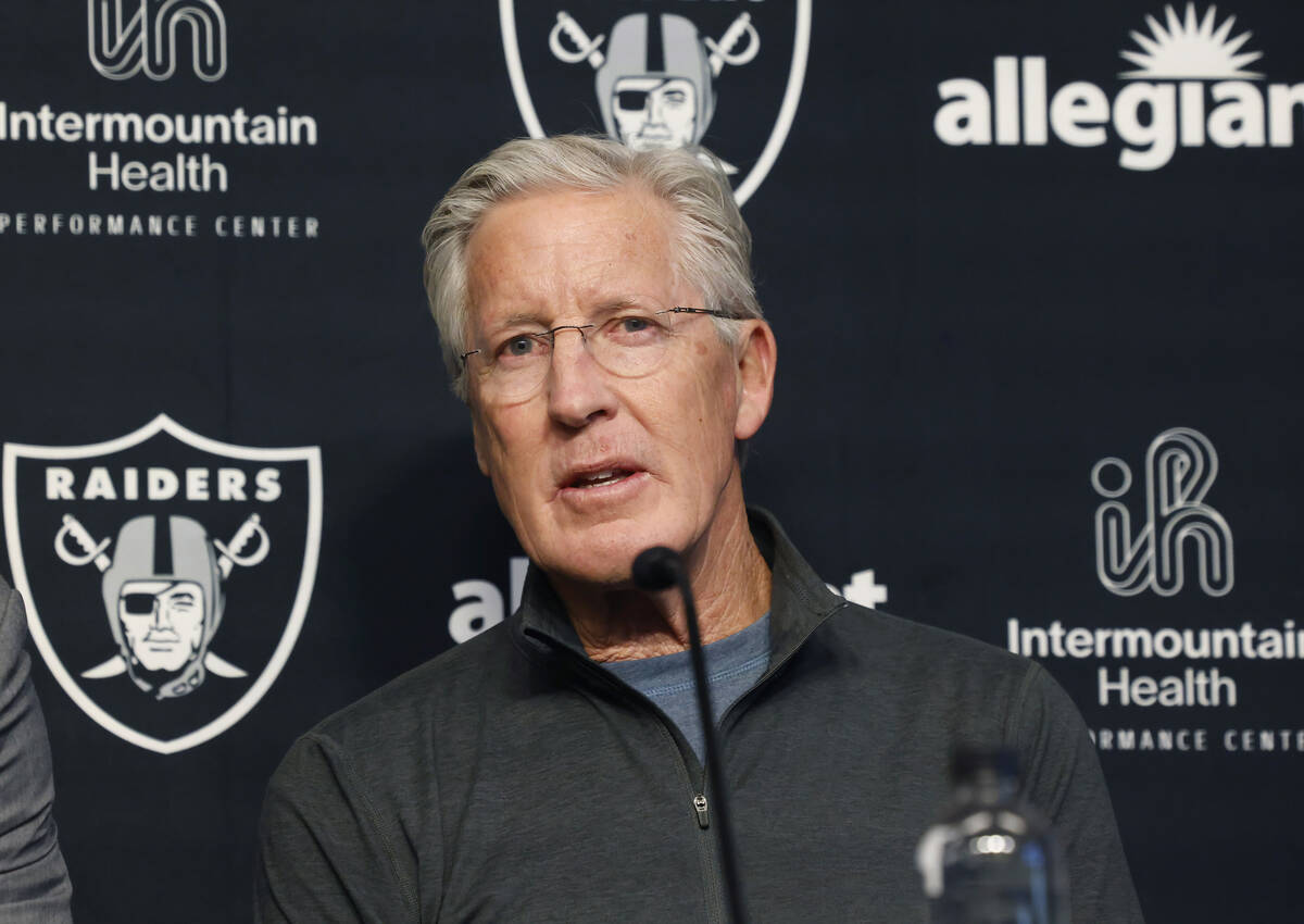 Raiders head coach Pete Carroll speaks during a press conference where Geno Smith was introduce ...