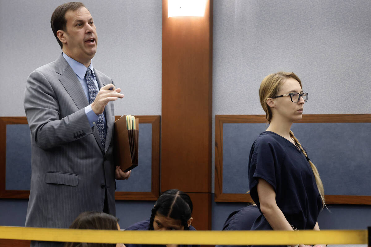 Attorney David Brown, representing Victoria Goodwin, right, accused of plotting to kill her rea ...