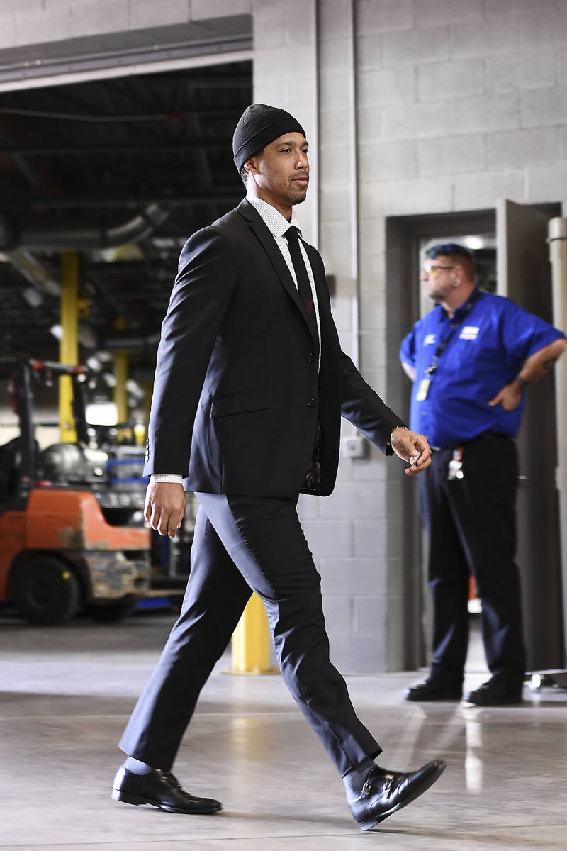Vegas Golden Knights right wing Keegan Kolesar (55) arrives at Ball Arena prior to an NHL hocke ...