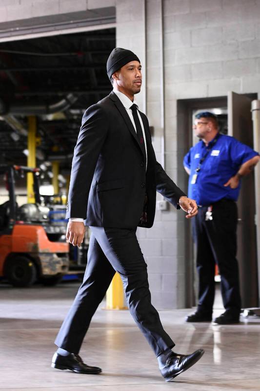 Vegas Golden Knights right wing Keegan Kolesar (55) arrives at Ball Arena prior to an NHL hocke ...