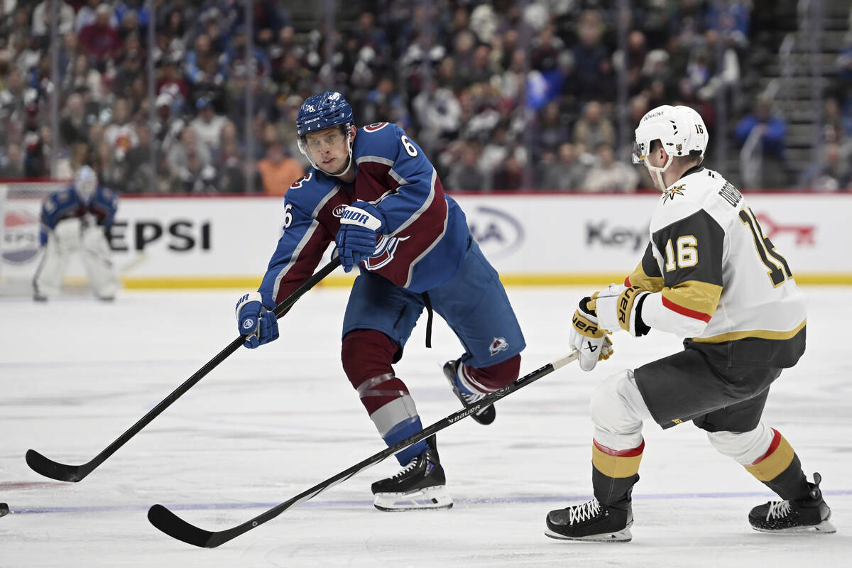 Colorado Avalanche defenseman Erik Johnson (6) skates against Vegas Golden Knights left wing Pa ...