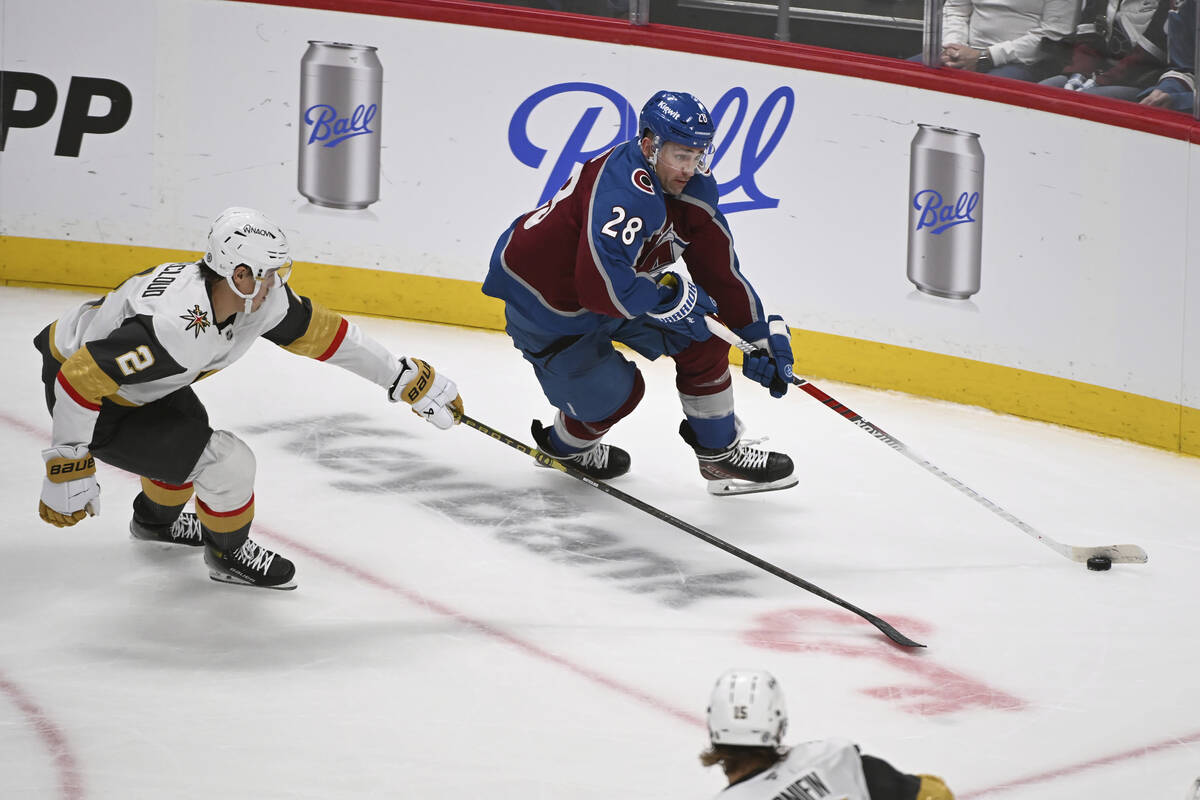 Vegas Golden Knights defenseman Zach Whitecloud (2) skates against Colorado Avalanche left wing ...