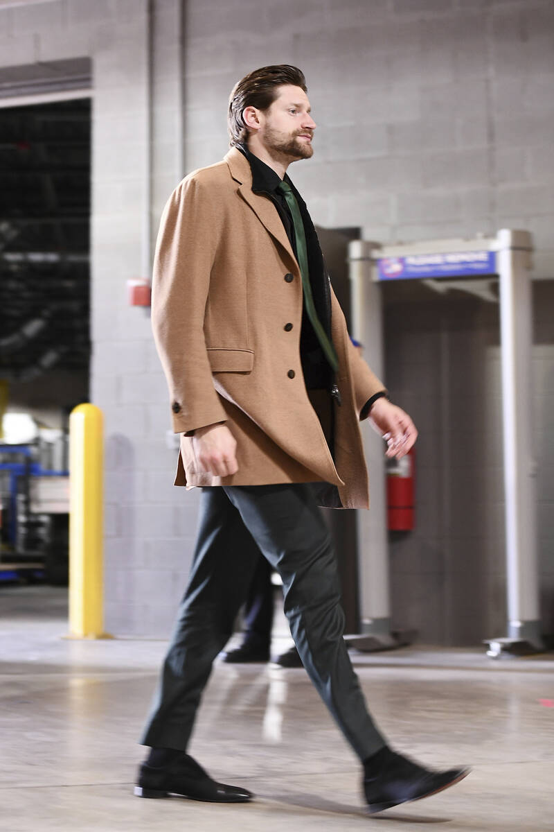 Vegas Golden Knights goaltender Adin Hill (33) arrives at Ball Arena prior to an NHL hockey gam ...
