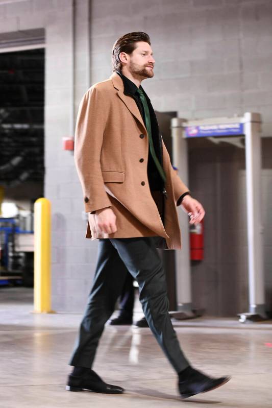 Vegas Golden Knights goaltender Adin Hill (33) arrives at Ball Arena prior to an NHL hockey gam ...