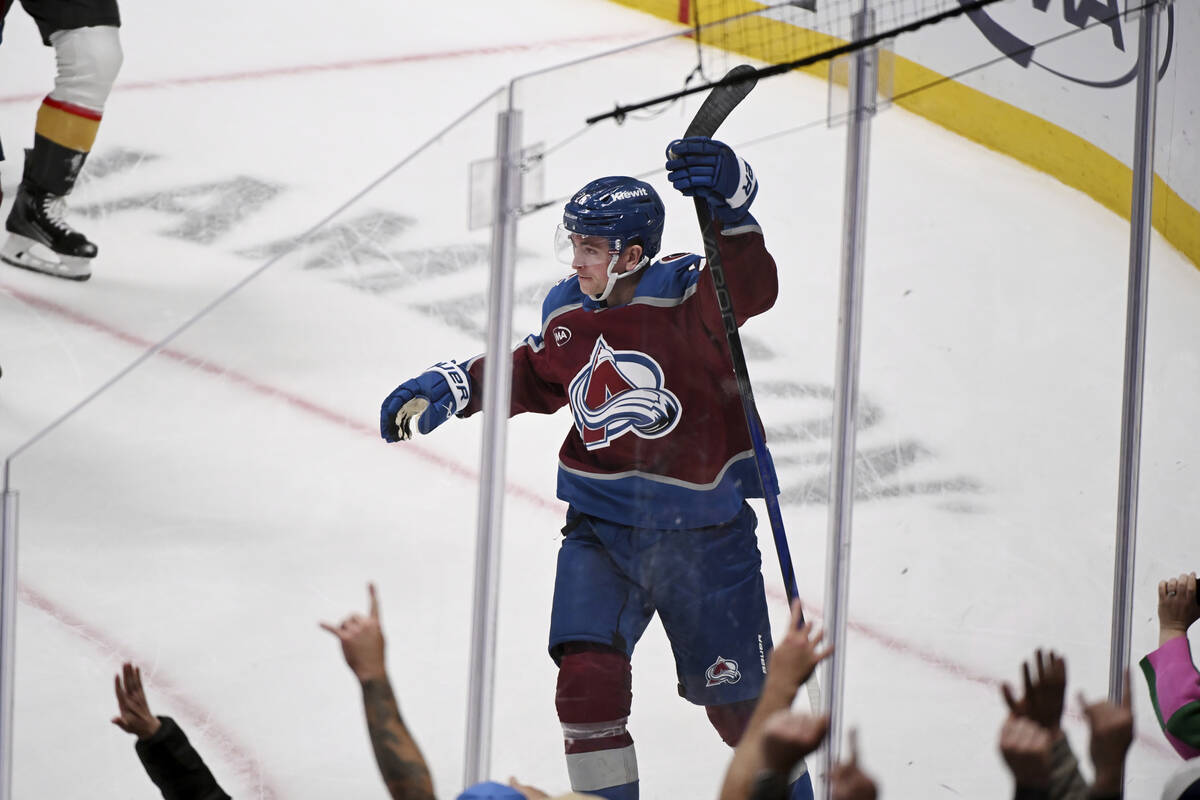 Colorado Avalanche left wing Jimmy Vesey (26) celebrates after scoring a goal in the second per ...