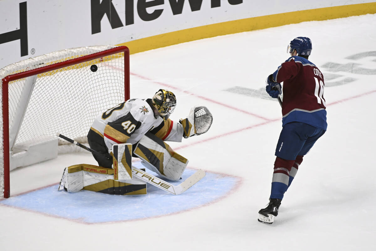 Colorado Avalanche center Charlie Coyle (10) scores the game-winning goal in a shootout against ...