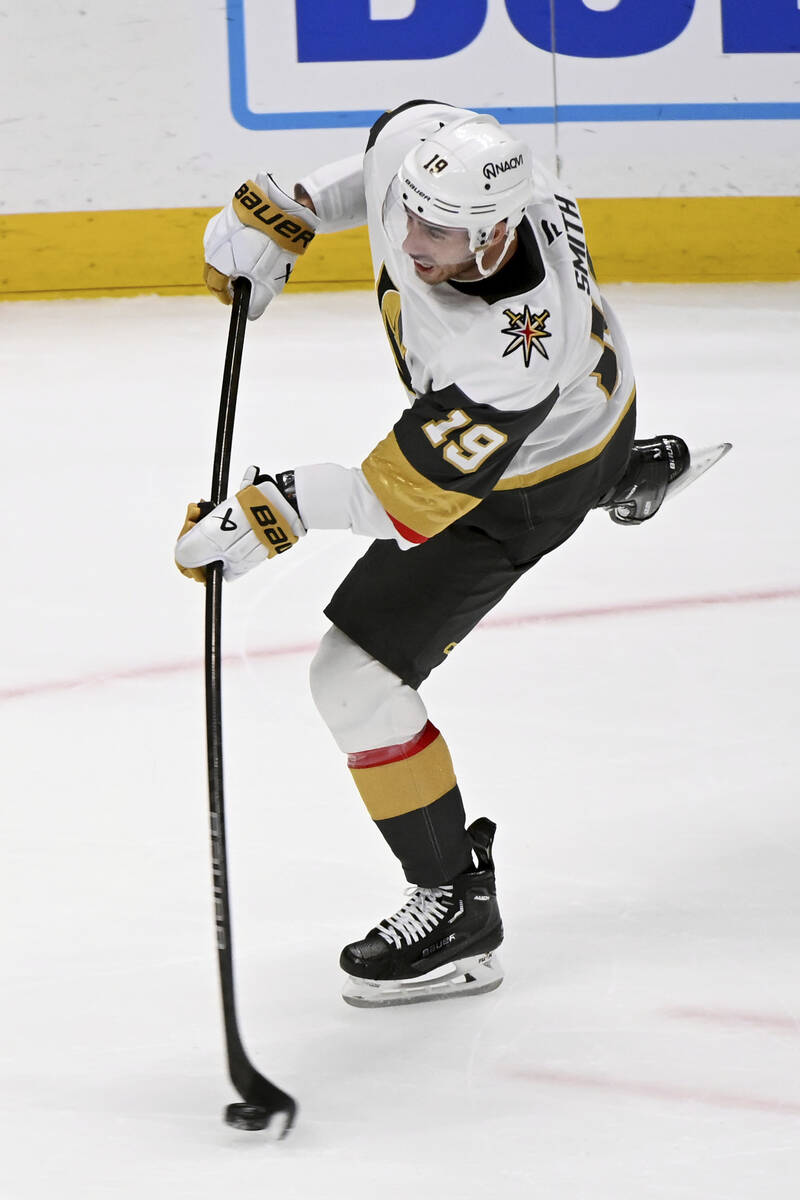 Vegas Golden Knights right wing Reilly Smith (19) shoots against the Colorado Avalanche in over ...
