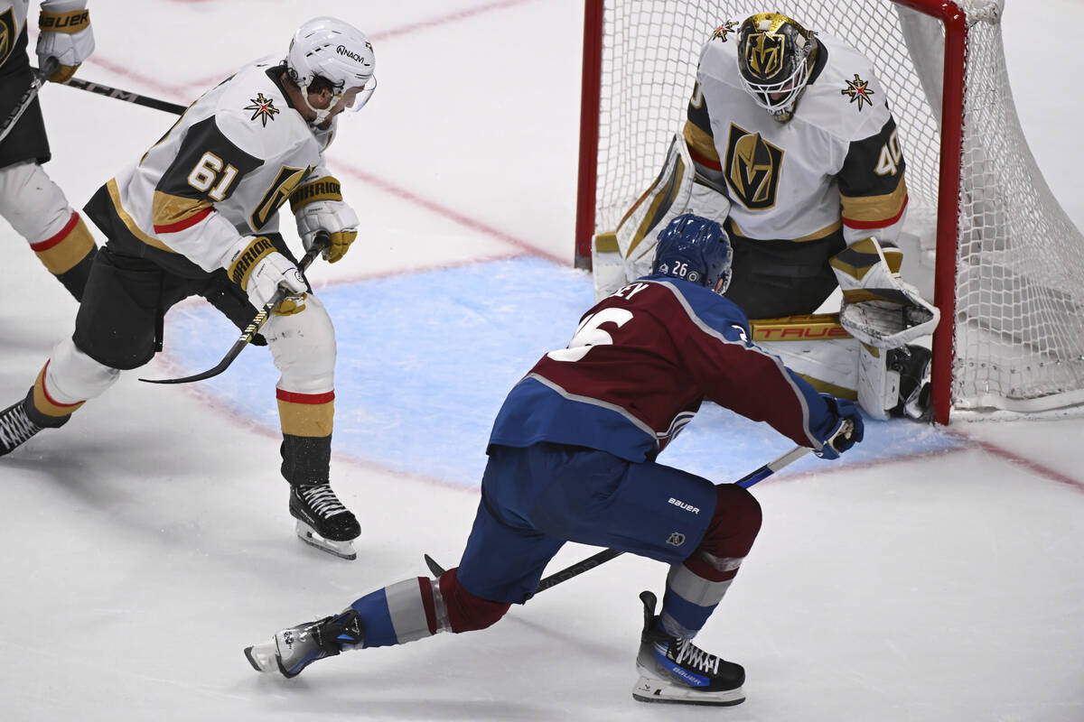 Colorado Avalanche left wing Jimmy Vesey (26) scores against Vegas Golden Knights right wing Ma ...