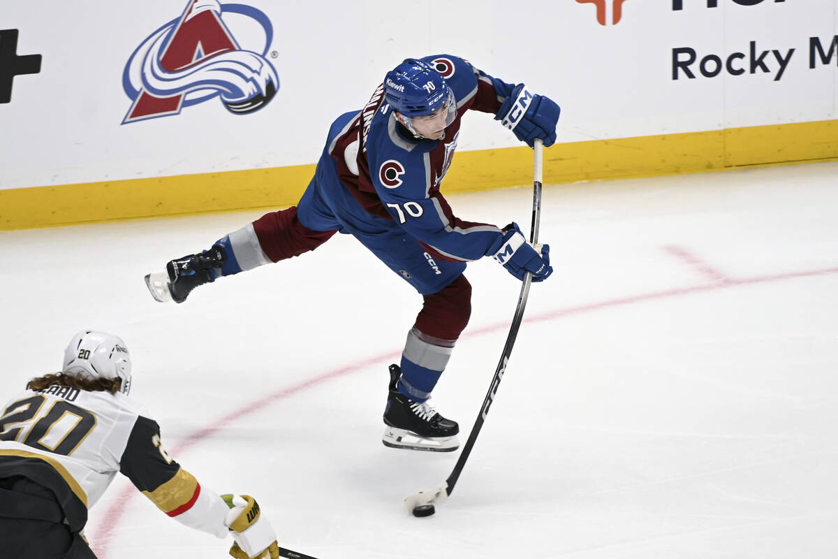 Colorado Avalanche defenseman Sam Malinski (70) skates against Vegas Golden Knights left wing B ...
