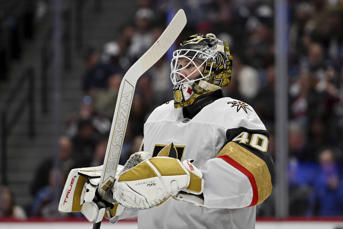 Vegas Golden Knights goaltender Akira Schmid (40) looks on during a pause in play in the first ...