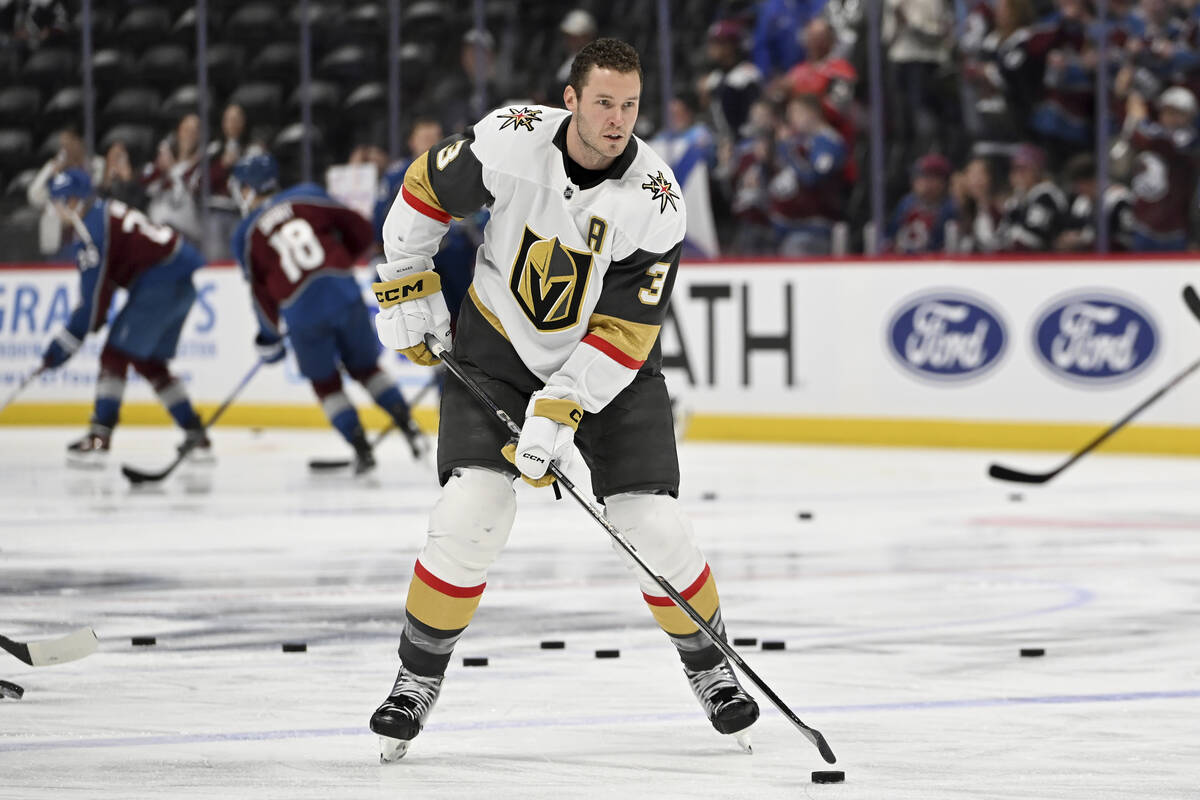 Vegas Golden Knights defenseman Brayden McNabb (3) skates prior to an NHL hockey game against t ...