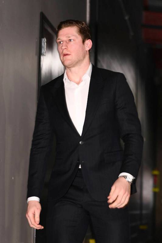 Colorado Avalanche center Nathan MacKinnon (29) arrives at Ball Arena prior to an NHL hockey ga ...