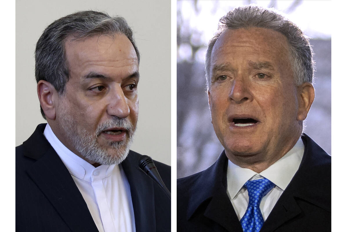 This combo shows Iranian Foreign Minister Abbas Araghchi, left, pictured in Tehran, Iran, Tuesd ...