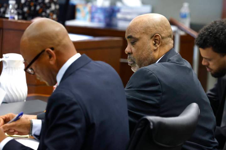 Duane Davis, center, facing murder charges in the killing of rapper Tupac Shakur in 1996, appea ...
