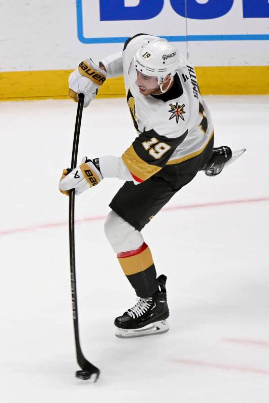Vegas Golden Knights right wing Reilly Smith (19) shoots against the Colorado Avalanche in over ...