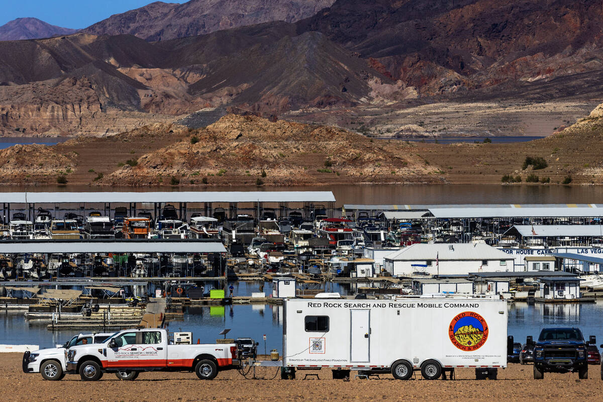 A Red Rock Search and Rescue Mobile Command trailer is stationed near the Las Vegas Boat Harbor ...