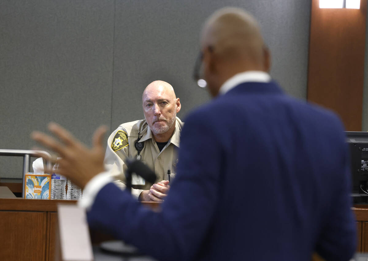 Patrick Gray, a corrections officer for Las Vegas Metro Police Department, is cross examined b ...