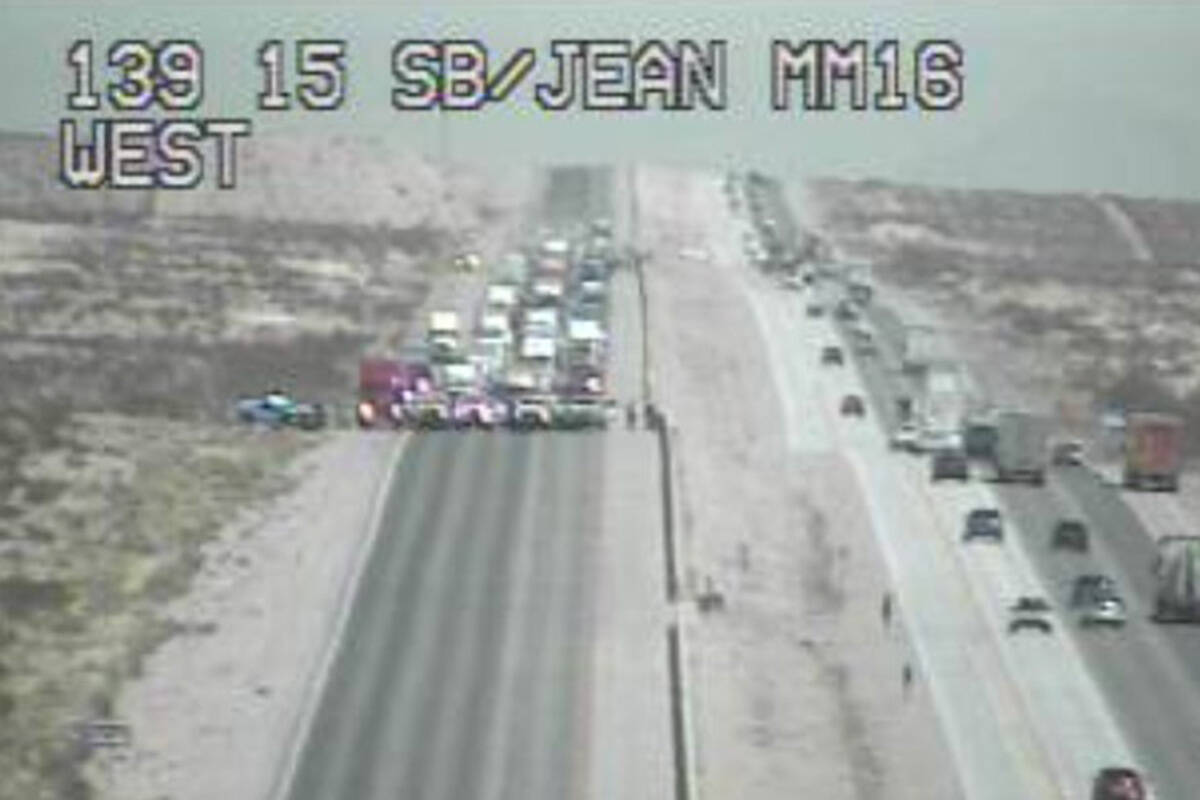 Southbound Interstate 15 is shut down Wednesday, April 9, 2025, near Sloan. (NDOT FASTCam)