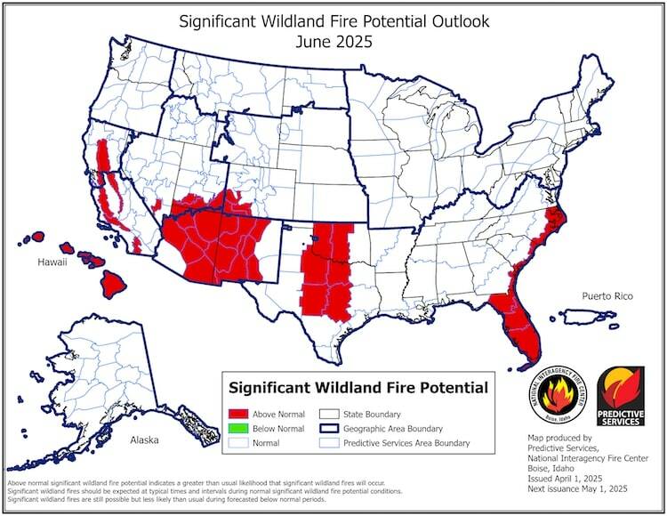 A map forecasting June marks one region of Southern Nevada with above-normal fire risk. (Nation ...